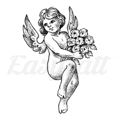 Winged Child with Roses - Temporary Tattoo