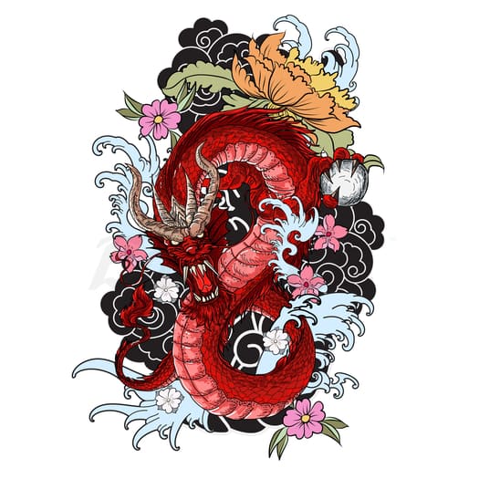 Red Japanese Dragon - Temporary Tattoo