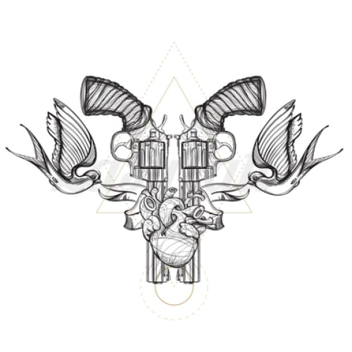 Revolvers with Swallows - Temporary Tattoo