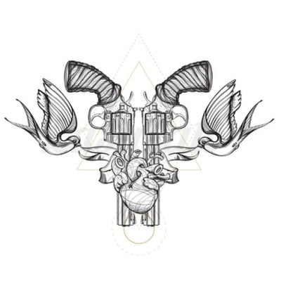 Revolvers with Swallows - Temporary Tattoo