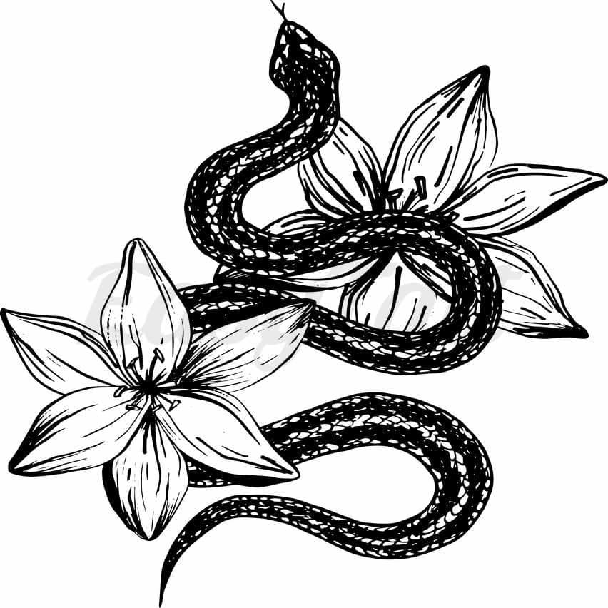 Serpent and Flowers - Temporary Tattoo