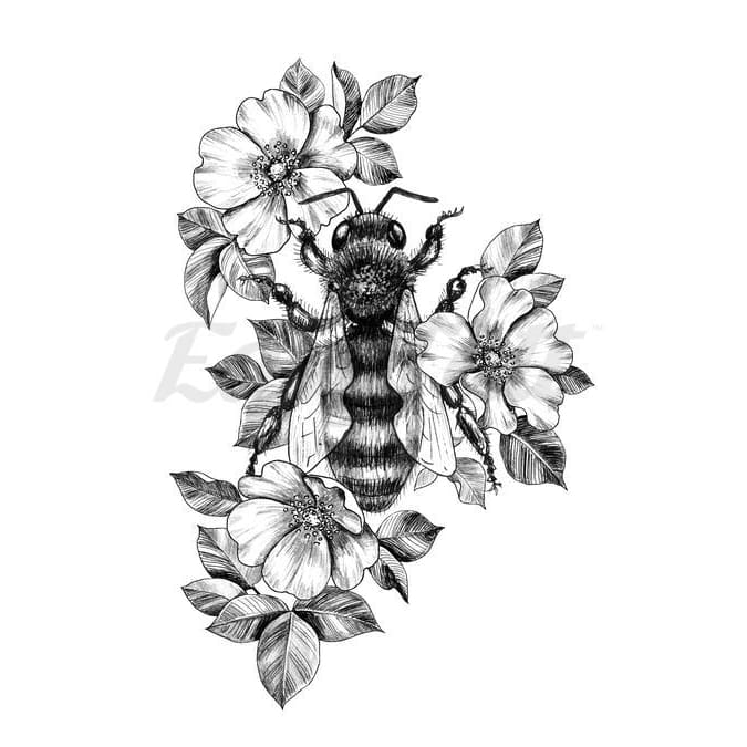 Bee in Roses - Temporary Tattoo