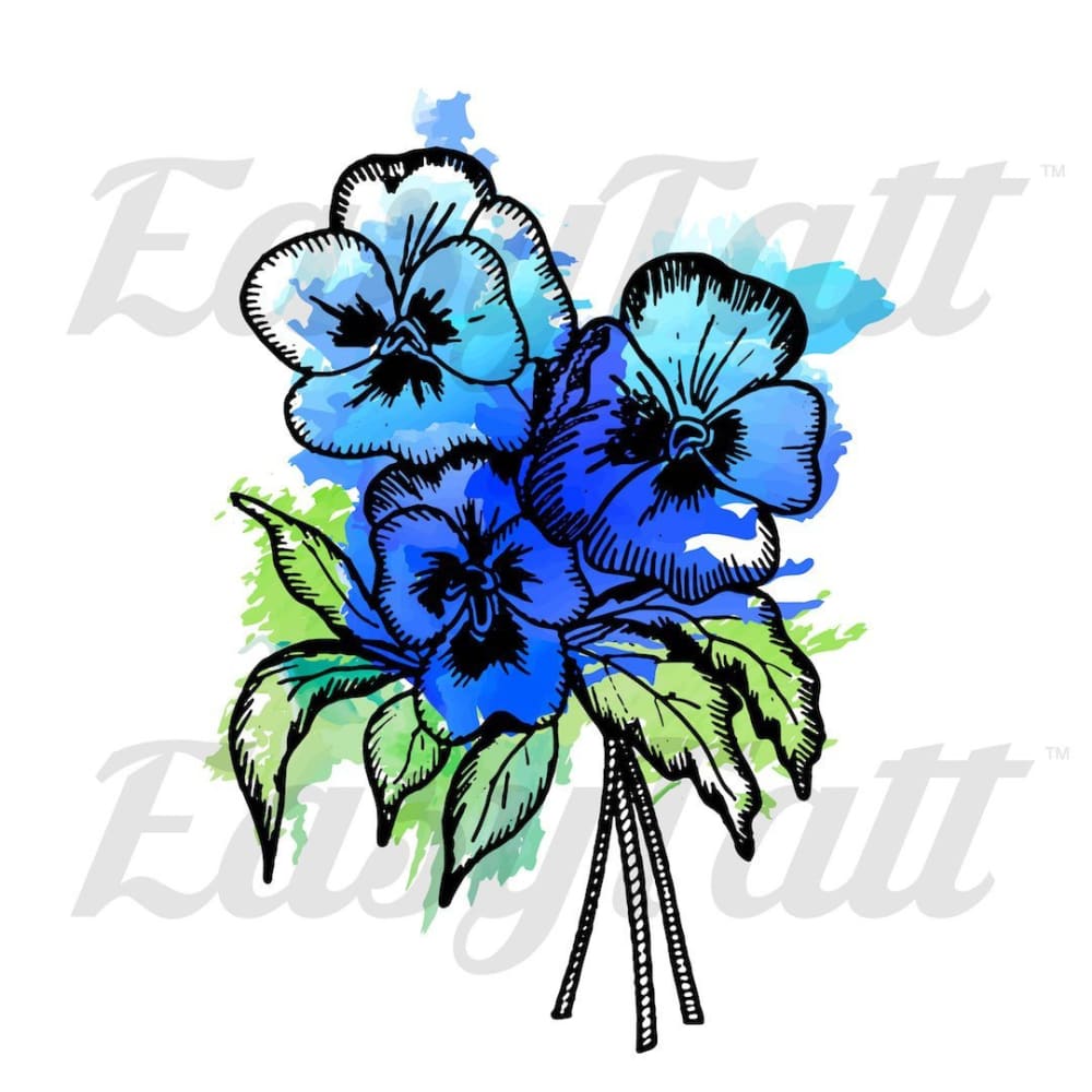 Blue and Green Watercolour Flowers - Temporary Tattoo