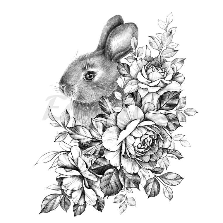 Bunny in Roses - Temporary Tattoo