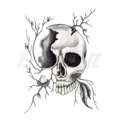 Cracked Skull with Leaves - Temporary Tattoo