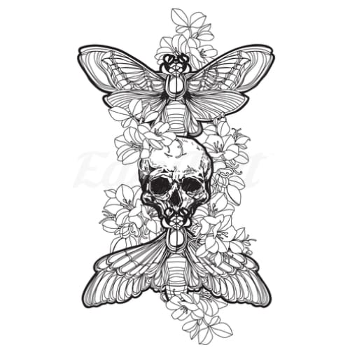 Skull and Moths - Temporary Tattoo
