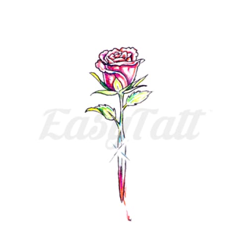 Stemmed Pink Rose 2 - Temporary Tattoo
